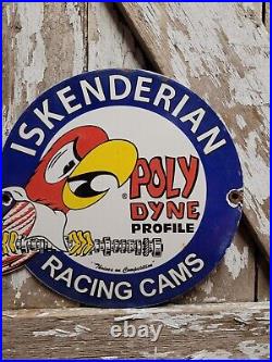 Vintage Iskenderian Porcelain Sign Poly Dyne Racing Cams Gas Auto Parts Car Oil