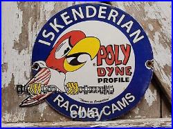 Vintage Iskenderian Porcelain Sign Poly Dyne Racing Cams Gas Auto Parts Car Oil