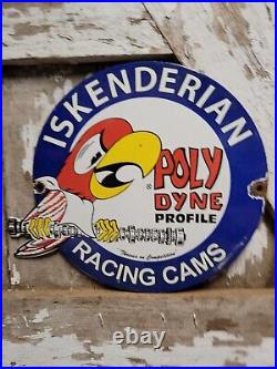 Vintage Iskenderian Porcelain Sign Poly Dyne Racing Cams Gas Auto Parts Car Oil