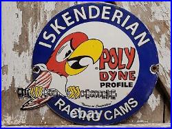 Vintage Iskenderian Porcelain Sign Poly Dyne Racing Cams Gas Auto Parts Car Oil