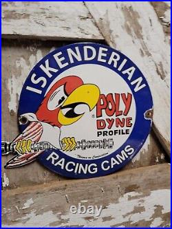 Vintage Iskenderian Porcelain Sign Poly Dyne Racing Cams Gas Auto Parts Car Oil