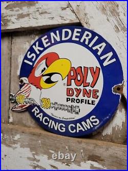 Vintage Iskenderian Porcelain Sign Poly Dyne Racing Cams Gas Auto Parts Car Oil