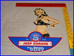 Vintage Jeep Full Service Garage Woman Metal Enamel Car Gasoline Oil Willys Sign