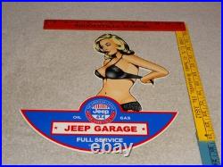 Vintage Jeep Full Service Garage Woman Metal Enamel Car Gasoline Oil Willys Sign