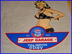 Vintage Jeep Full Service Garage Woman Metal Enamel Car Gasoline Oil Willys Sign