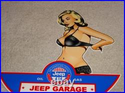 Vintage Jeep Full Service Garage Woman Metal Enamel Car Gasoline Oil Willys Sign