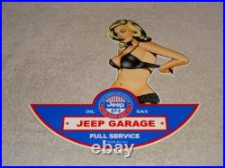 Vintage Jeep Full Service Garage Woman Metal Enamel Car Gasoline Oil Willys Sign