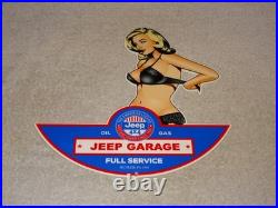 Vintage Jeep Full Service Garage Woman Metal Enamel Car Gasoline Oil Willys Sign