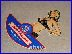 Vintage Jeep Full Service Garage Woman Metal Enamel Car Gasoline Oil Willys Sign