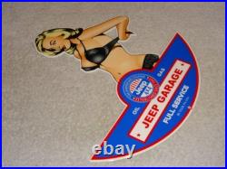 Vintage Jeep Full Service Garage Woman Metal Enamel Car Gasoline Oil Willys Sign