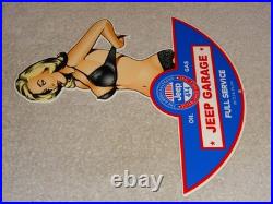 Vintage Jeep Full Service Garage Woman Metal Enamel Car Gasoline Oil Willys Sign