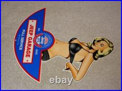 Vintage Jeep Full Service Garage Woman Metal Enamel Car Gasoline Oil Willys Sign