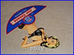 Vintage Jeep Full Service Garage Woman Metal Enamel Car Gasoline Oil Willys Sign