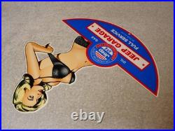 Vintage Jeep Full Service Garage Woman Metal Enamel Car Gasoline Oil Willys Sign
