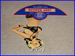Vintage Jeep Full Service Garage Woman Metal Enamel Car Gasoline Oil Willys Sign