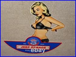 Vintage Jeep Full Service Garage Woman Metal Enamel Car Gasoline Oil Willys Sign