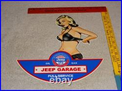 Vintage Jeep Full Service Garage Woman Metal Enamel Car Gasoline Oil Willys Sign