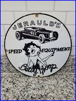 Vintage Jeraulds Porcelain Sign Speed Equipment Betty Boop Gas Car Repair Garage