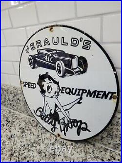 Vintage Jeraulds Porcelain Sign Speed Equipment Betty Boop Gas Car Repair Garage
