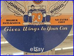 Vintage Johnson Gasoline Porcelain Dealership Sign Gives Wings To Your Car 12