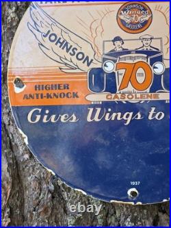 Vintage Johnson Gasoline Porcelain Sign Gives Wings To Your Car 12