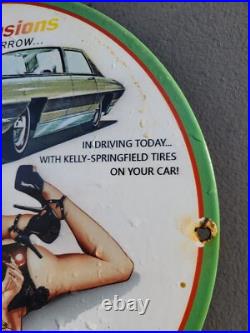 Vintage Kelly Tires Porcelain Sign Gas Station Oil Service Car Truck Auto Woman