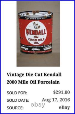 Vintage Kendall 2000 Mile Oil Peace Quart 11 Porcelain Metal Car, Gasoline Sign