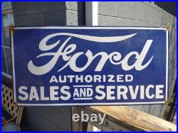 Vintage Large Ford Porcelain Metal Sign 3ft Car Truck Auto Dealer Sales Service