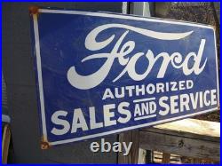 Vintage Large Ford Porcelain Metal Sign 3ft Car Truck Auto Dealer Sales Service