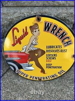 Vintage Liquid Wrench Porcelain Sign Auto Wrench Gas Service Garage Shop Sign