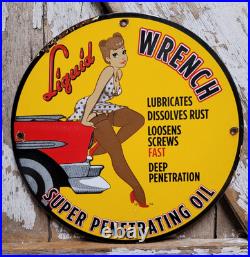 Vintage Liquid Wrench Porcelain Sign Garage Car Tool Lubricant Rust Woman Lady