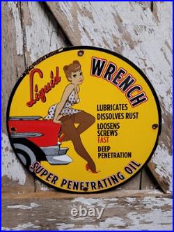 Vintage Liquid Wrench Porcelain Sign Garage Car Tool Lubricant Rust Woman Lady Vintage Liquid Wrench Porcelain Sign Garage Car Tool Lubricant Rust Woman Lady