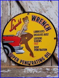 Vintage Liquid Wrench Porcelain Sign Garage Car Tool Lubricant Rust Woman Lady
