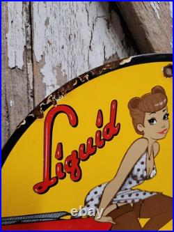 Vintage Liquid Wrench Porcelain Sign Garage Car Tool Lubricant Rust Woman Lady