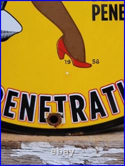 Vintage Liquid Wrench Porcelain Sign Garage Car Tool Lubricant Rust Woman Lady