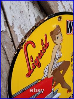 Vintage Liquid Wrench Porcelain Sign Garage Car Tool Lubricant Rust Woman Lady
