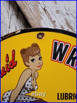 Vintage Liquid Wrench Porcelain Sign Garage Car Tool Lubricant Rust Woman Lady