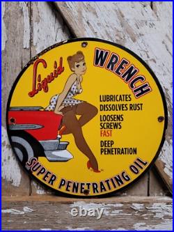 Vintage Liquid Wrench Porcelain Sign Garage Car Tool Lubricant Rust Woman Lady