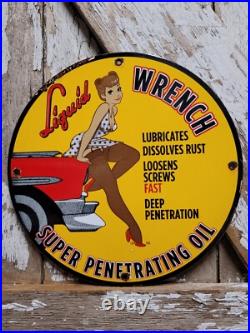 Vintage Liquid Wrench Porcelain Sign Garage Car Tool Lubricant Rust Woman Lady
