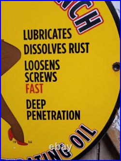 Vintage Liquid Wrench Porcelain Sign Garage Car Tool Lubricant Rust Woman Lady