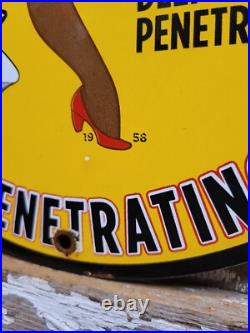 Vintage Liquid Wrench Porcelain Sign Garage Car Tool Lubricant Rust Woman Lady