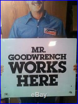 Vintage MR GOODWRENCH WORKS HERE metal Stand-up General Motors advertising sign