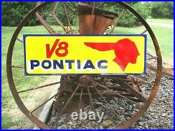 Vintage Metal Yellow Old School Sty. PONTIAC V8 CHIEF Gas Oil Hand Painted Sign