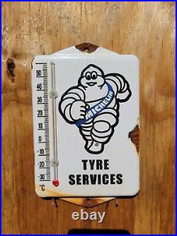 Vintage Michelin Porcelain Sign Metal Auto Tire Thermometer Oil Gas Advertising