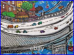 Vintage Mid Century NYC Painting of The Brooklyn Bridge by Edward Sokol 1979