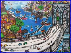 Vintage Mid Century NYC Painting of The Brooklyn Bridge by Edward Sokol 1979