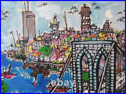 Vintage Mid Century NYC Painting of The Brooklyn Bridge by Edward Sokol 1979