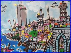 Vintage Mid Century NYC Painting of The Brooklyn Bridge by Edward Sokol 1979