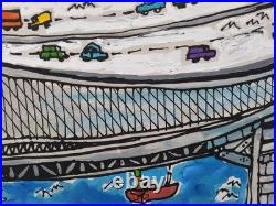 Vintage Mid Century NYC Painting of The Brooklyn Bridge by Edward Sokol 1979