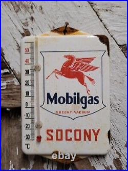 Vintage Mobil Porcelain Sign Metal Thermometer Oil Gas Station Peggy Pegasus Car